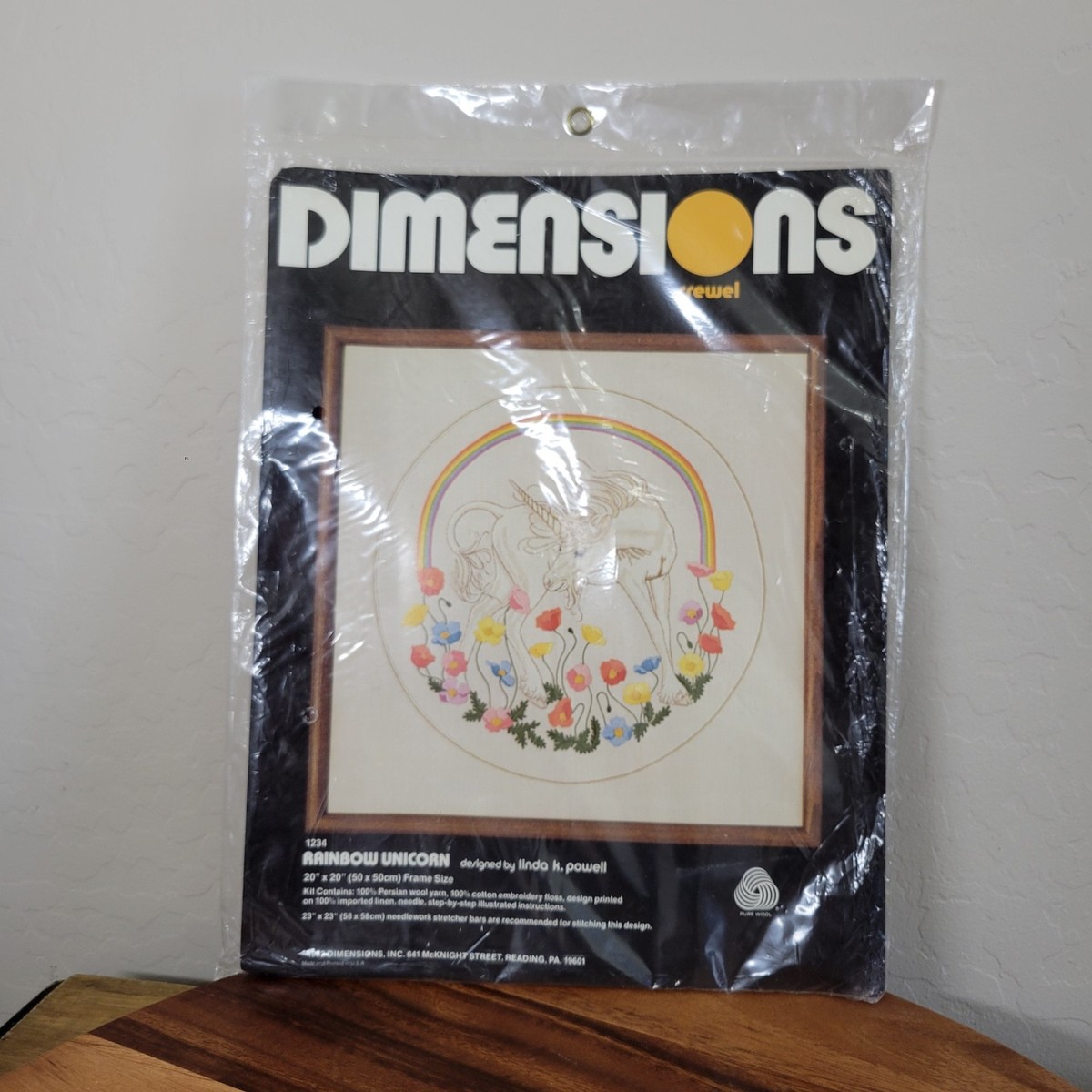 Vintage 1982 Dimensions 1234 RAINBOW UNICORN Crewel Needlepoint