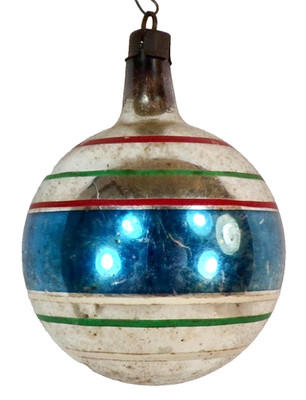 Heidt Christmas Ornament Ball Silver Blue Red Green White Stripes Vintage #214