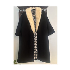 Vintage mid century Black Knit Coat w/ Mink Ivory Fur Collar  Patterned Lining
