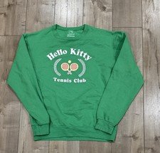 Hello Kitty Tennis Club Green Pullover Sweater Crew Neck Graphic Print Cotton
