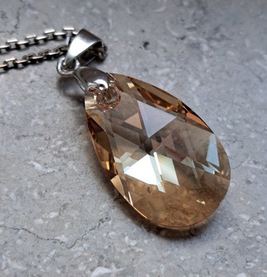 Elegant 925 Silver Necklace with Teardrop Amber-Colored Crystal Pendant  ...