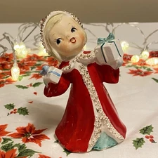 Vintage Ucagco ? Christmas Shopper Gifts Presents Figurine Red Possibly Napco