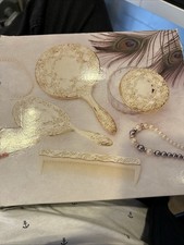 Vintage  Goldplated 5 pcs. Dresser Set  Mirror, Comb, Hairbrush, Powder/Puff/Lid