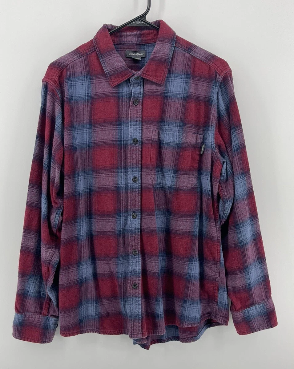 Eddie Bauer Mens Flannel Long Sleeve Button Up Shirt Size Large Red Blue Plaid