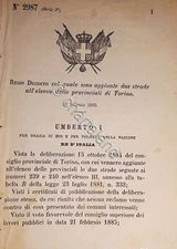 Decreto Regno Italia - Aggiunte due strade elenco provinciali di Torino - 1885
