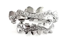 Silver Plated Iced CZ High Shine Mouth Teeth Metal Grillz Set LS041 + Molds