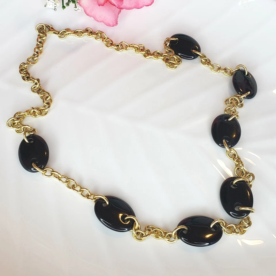 VERONESE Italia Piedra Negra 925 Vermeil Cadena Eslabón Distintivo Collar 30" Largo Foto 2 de 4