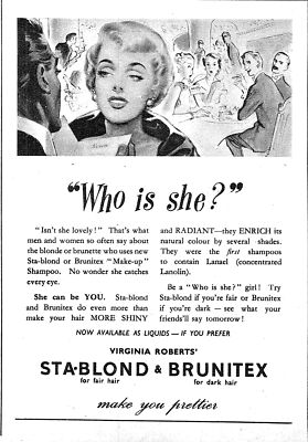 1951 Werbung STA-BLOND & BRUNITEX Farbstoff Haarshampoos (8) Kleingedruckte Anzeige