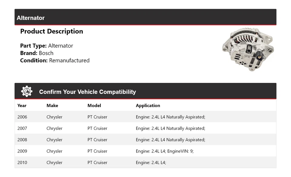 Alternador Bosch para Chrysler PT Cruiser 2006-2010 (remanufacturado) 2007 2008 Foto 2 de 4
