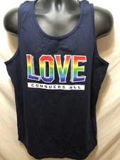 Love Conquers All LGBTQ Pride Rainbow Tank Top Samual Adams Women Men Blue Sz L