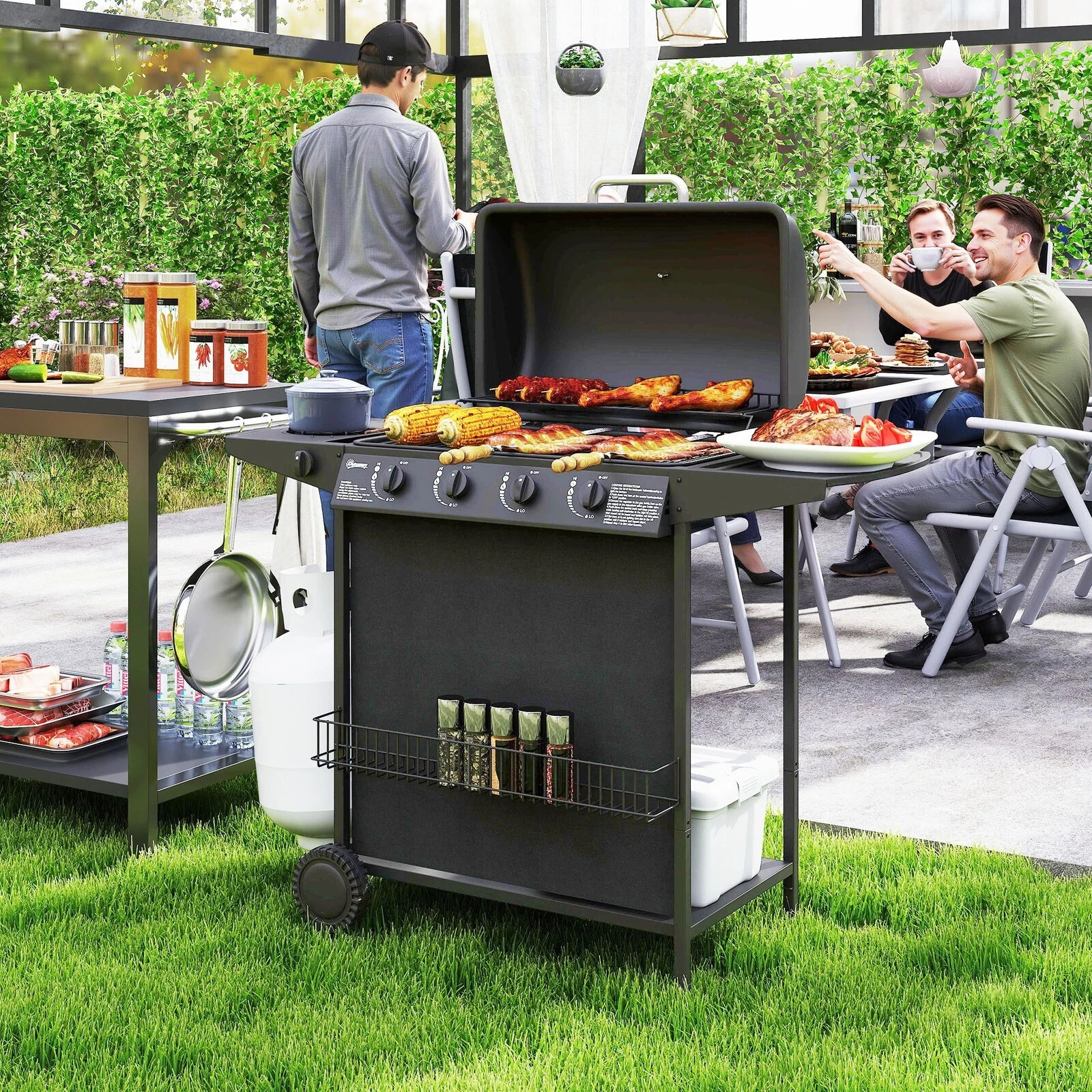 Outsunny 5 Burner Gas Barbecue Grill Portable Gas BBQ Grill with Lid - Black