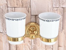 Wall Mount Bathroom Toothbrush Holder w/ Two Ceramic Cups Golden Polished wba597