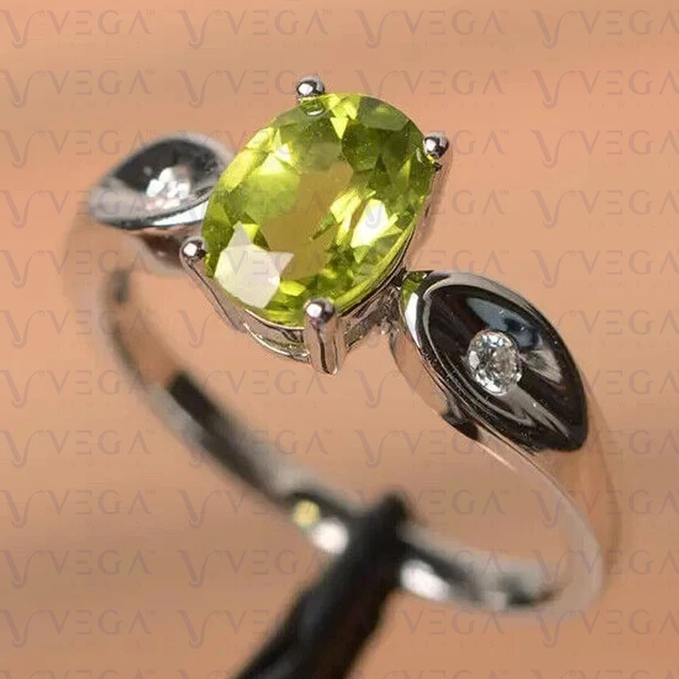 3.20Ct Oval Shape Natural Peridot Diamond Three Stone Ring 950PT Platinum Plated - Image 2 of 4