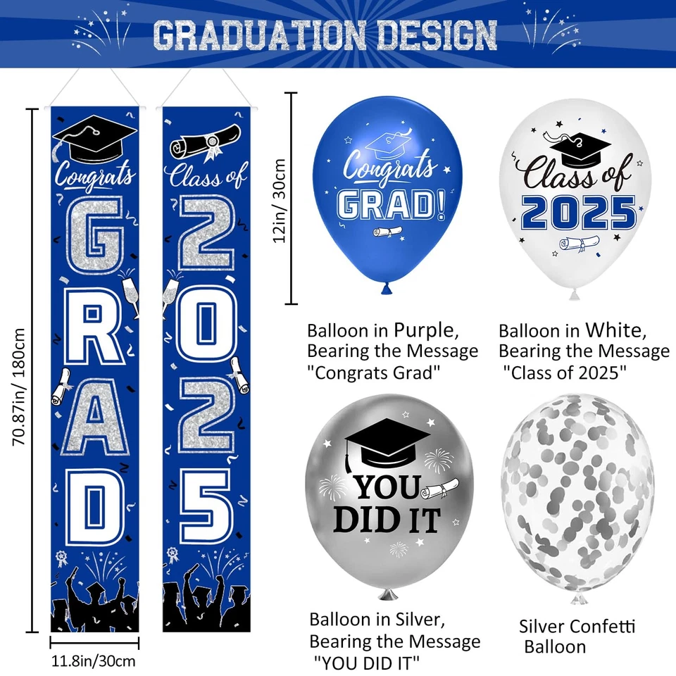 Graduation Decorations 2025 Blue Silver Backdrop Banner Balloons Party - Image 3 of 4