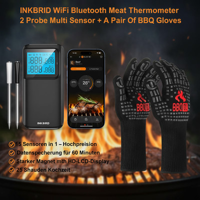 INKBIRD Kabelloses WLAN Bluetooth Fleischthermometer INT-12E-BW +Grillhandschuhe