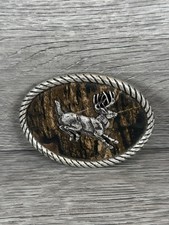 Nocona Belt Buckle Camo Running Deer Rope Edge Silver Tone Oval Leaping Elk