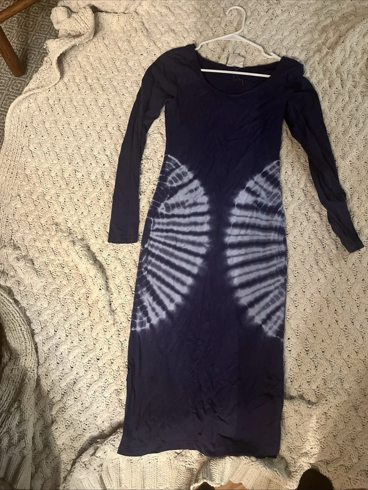 Vestido ajustado tie dye manga larga largo azul y blanco Foto 3 de 4