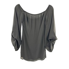 Reformation Black Off Shoulder Sheer Mini Dress XS Long Balloon Sleeve Chiffon