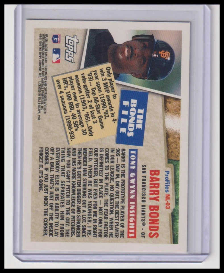 1996 Topps #NL-03 Barry Bonds Profiles by Tony Gwynn NL - Image 2 of 2