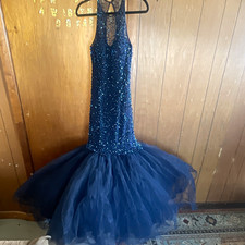 Sherri Hill Blue Size 10 Halter Beaded Sequin Mermaid Tulle Long Gown