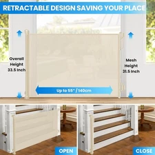 Retractable Safety Baby Gate or Mesh Dog Gate 33.5" Tall, Up to 55" Wide, Cream