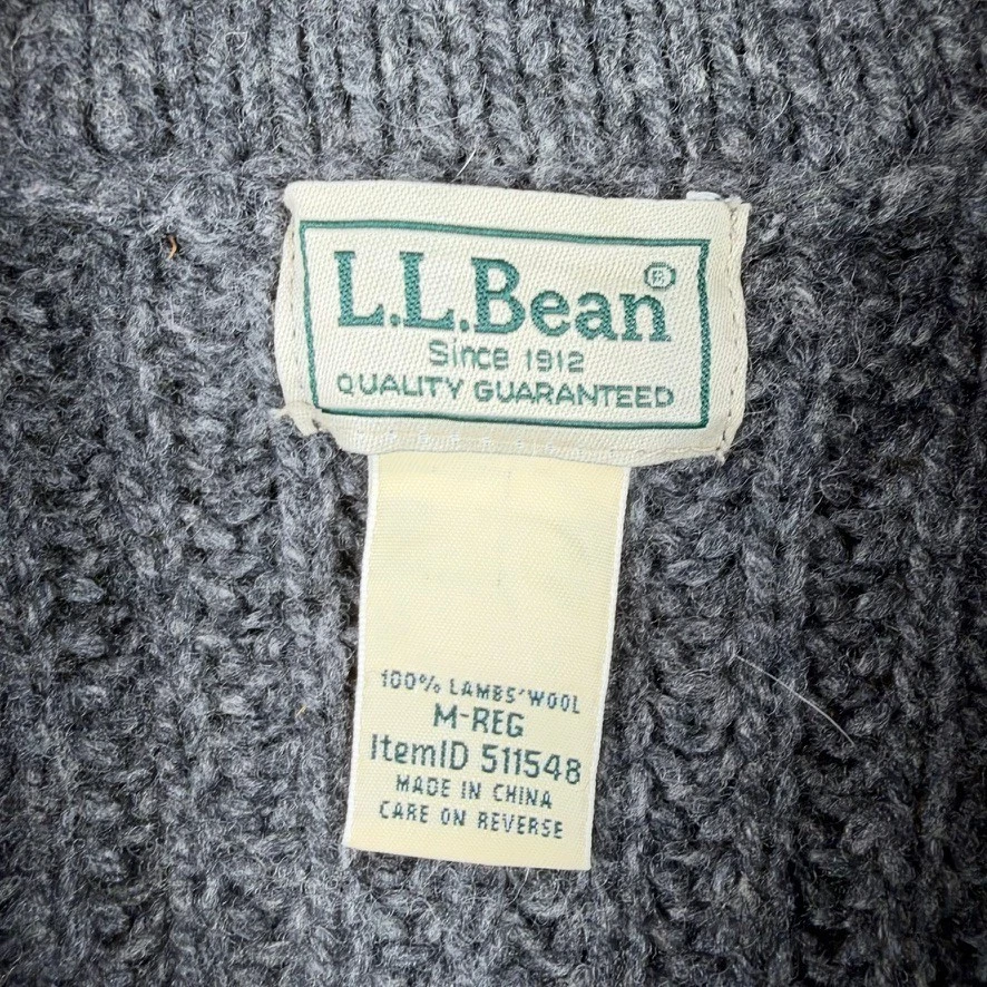 Cárdigan suéter tejido acanalado cuello chal 100 % lana de cordero gris M LL Bean para hombre