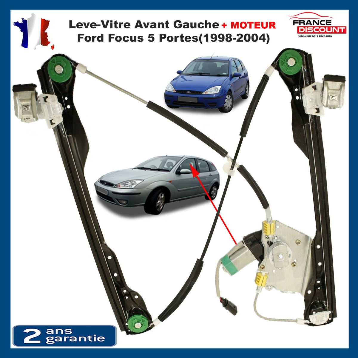 Moteur Lève-vitre électrique Avant Gauche Ford Focus 5p 98-04 - Neuf, 2 Ans Garantie