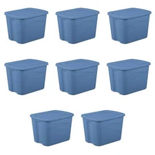 8PC Large Storage Bin 18 Gallon Plastic Storage Container with Snap-on Lid Blue
