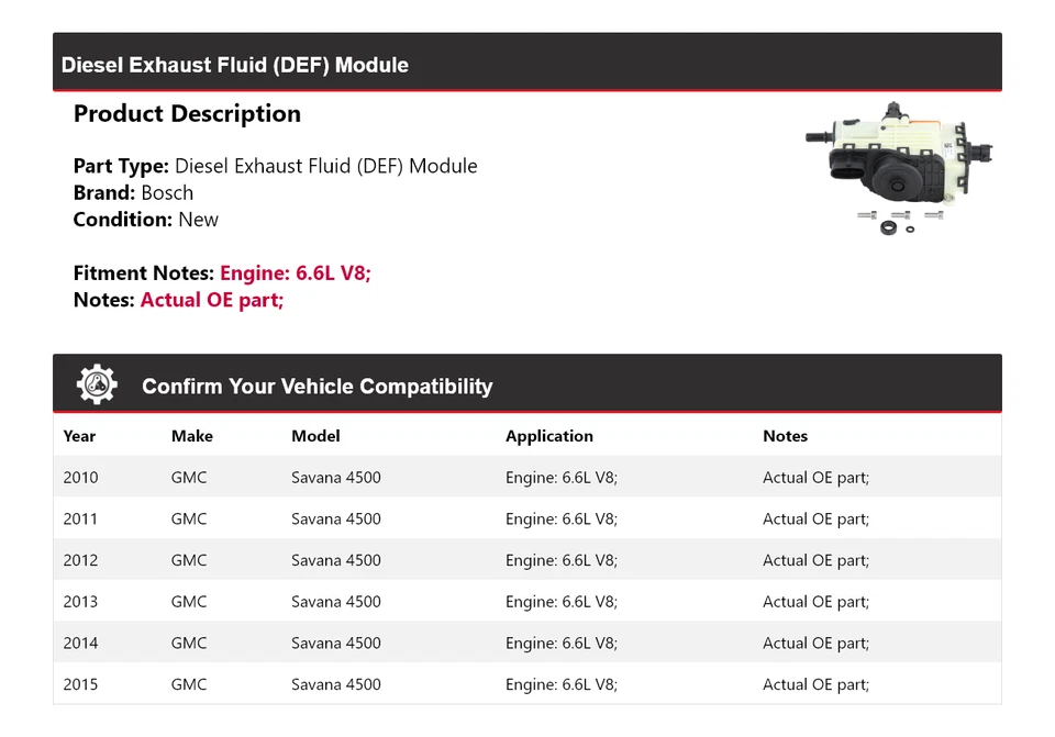 Módulo de líquido de escape (DEF) Bosch V8 6,6 L para GMC Savana 4500 2010-2015 Foto 2 de 4