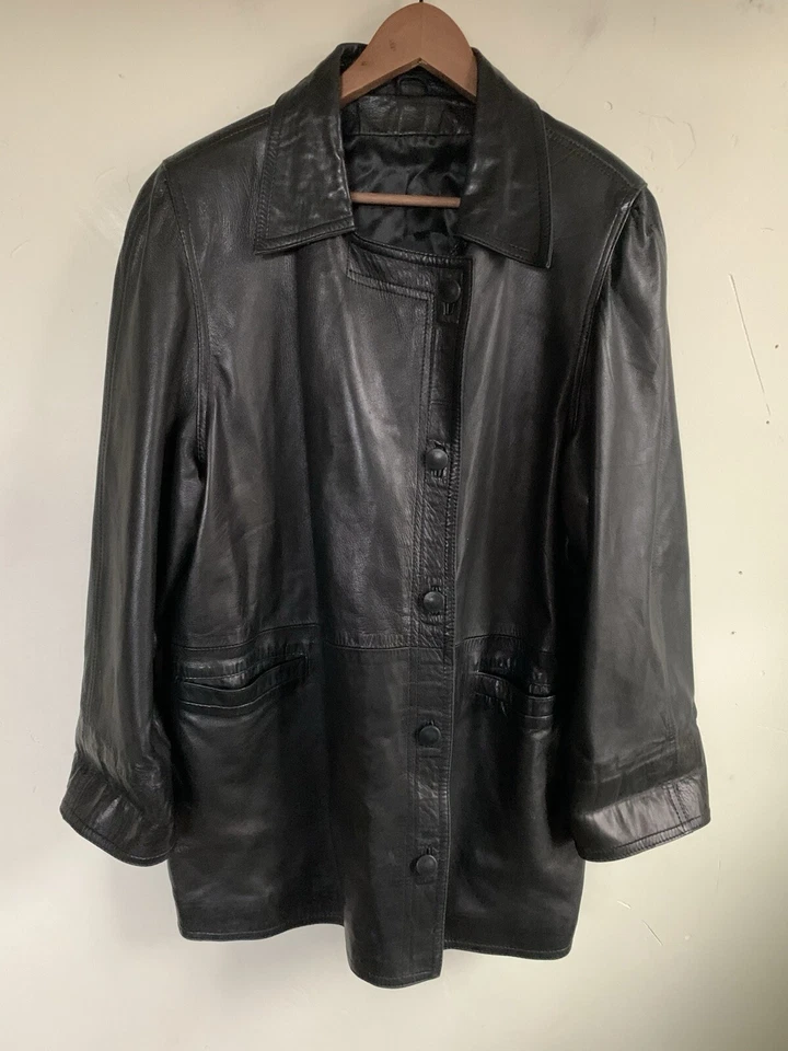 Rely Vintage Leather Coat women's L France Black asymmetrical buttons