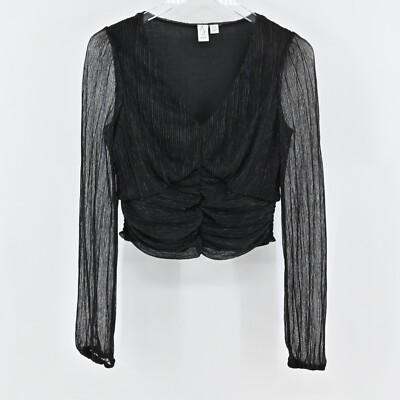Joie Metallic Sheer Top Womens Size S Whimsigoth Black VNeck Gathered Blouse