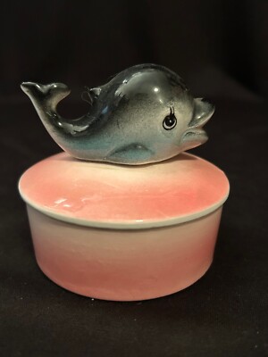 Vintage Kelvin Ceramic Dolphin Pink Trinket Box Figurine
