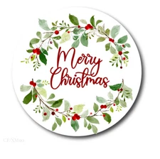 Merry Christmas Wreath Holly Berries Favors Holiday Stickers Envelope Seals