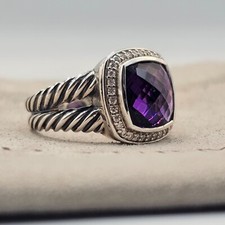 David Yurman Sterling Silver Albion Ring 11mm with Amethyst and Diamonds Size 8