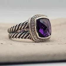 David Yurman Sterling Silver Albion Ring 11mm with Amethyst and Diamonds Size 8
