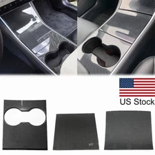 For Tesla Model 3 2017-21 Carbon Fiber Center Console Cup Panel Cover Trim 3Pcs
