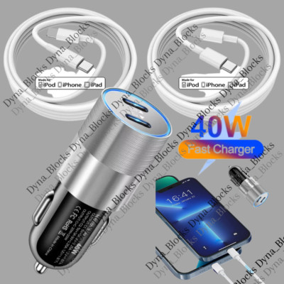 Dual Type C PD Fast 40W Car Charger Adapter Cable For iPhone 14 13 12 11 Pro Max