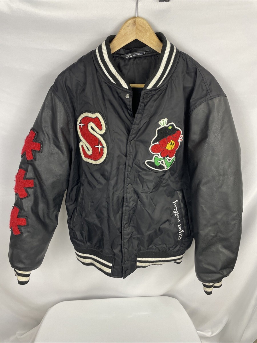 Zara Bomber Jacket Mens Size Medium Black Snap On New Face Same