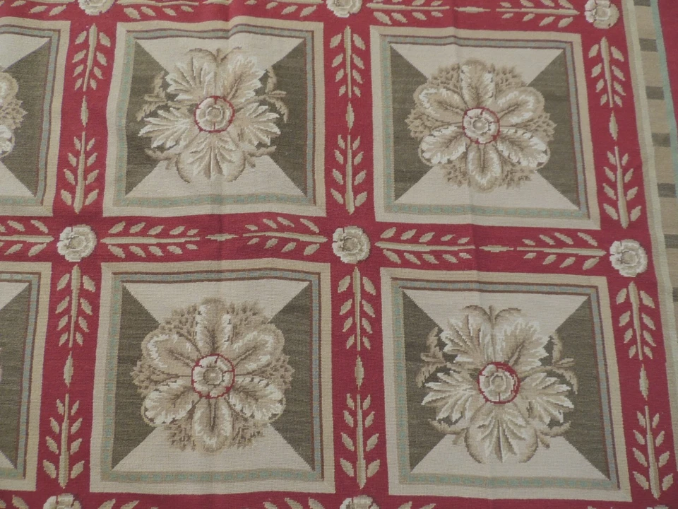 Alfombra 6x9 diseño francés Aubusson punta de aguja rojo verde beige patrón de caja Foto 4 de 4