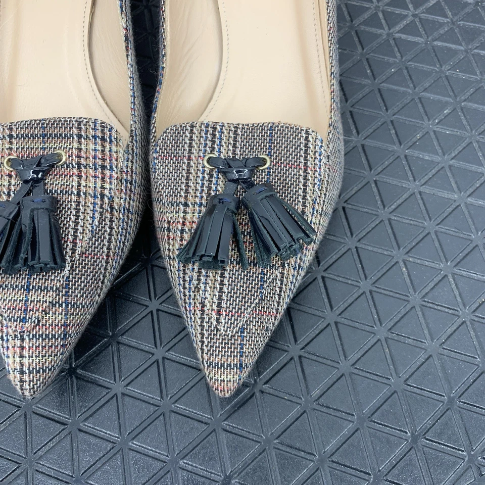 Zapatos de tacón J Crew para mujer talla 6 marrón a cuadros borla Avery punta sin cordones Foto 4 de 4