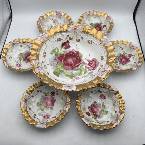 Antique German Porcelain Berry Bowl Set – Heavy Gilt with Roses – 7 Pc