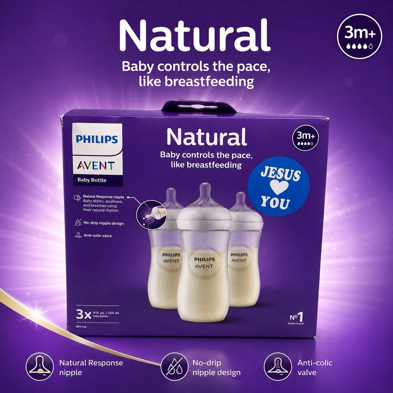 Philips Avent Natural Baby Bottles 11oz 330ml 3 Pack 3m+ Anti-Colic BPA Free