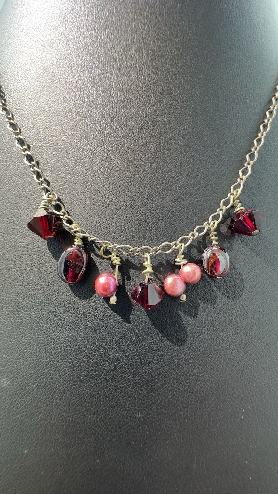 Pink Freshwater Pearl, Garnet & Crystal Sterling Silver 925 Necklace 18”
