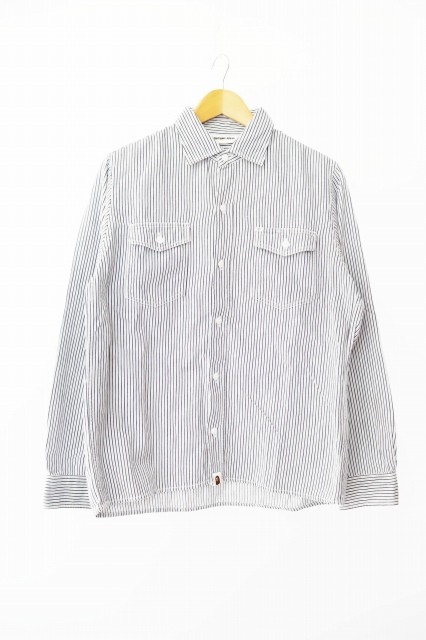 A BATHING APE BAPE Camisa de Trabajo a Rayas Manga Larga M Azul Marca