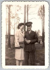 Vtg B&W Snapshot Couple Man In Military Uniform Woman In Coat Pine Woods 1940s