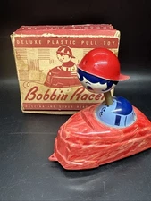 Vintage LAGCO Hard Plastic Celluloid Pull Toy Car Bobbing Bobbin Racer With Box