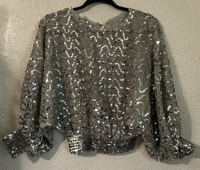 Vtg St Martin Silver Wavy Sequin Top Glam Disco Party Dolman Sleeve Sz Medium