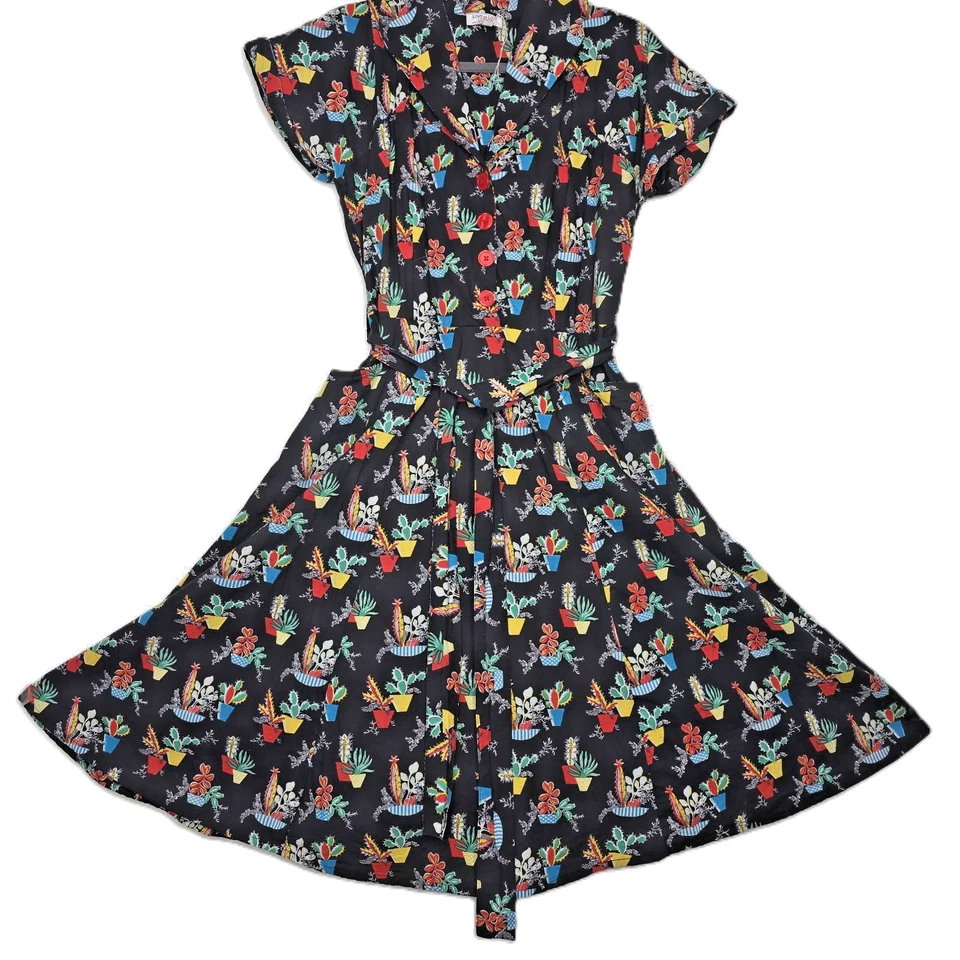 LONDRES UK Love ur Look Años 50 XL Estampado Cactus Camisa Vestido Algodón Orgánico Retro Foto 4 de 4