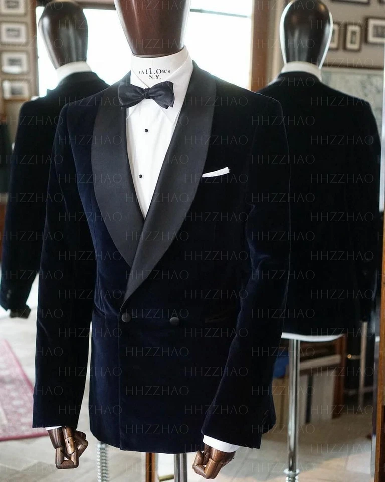 Trajes de terciopelo azul marino para hombre chal de doble pecho solapa boda novio esmoquin Foto 2 de 4