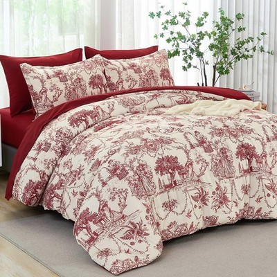Red Comforter Set Queen 7 Piece Bed in a Bag Toile de Jouy Botanical Comforte...